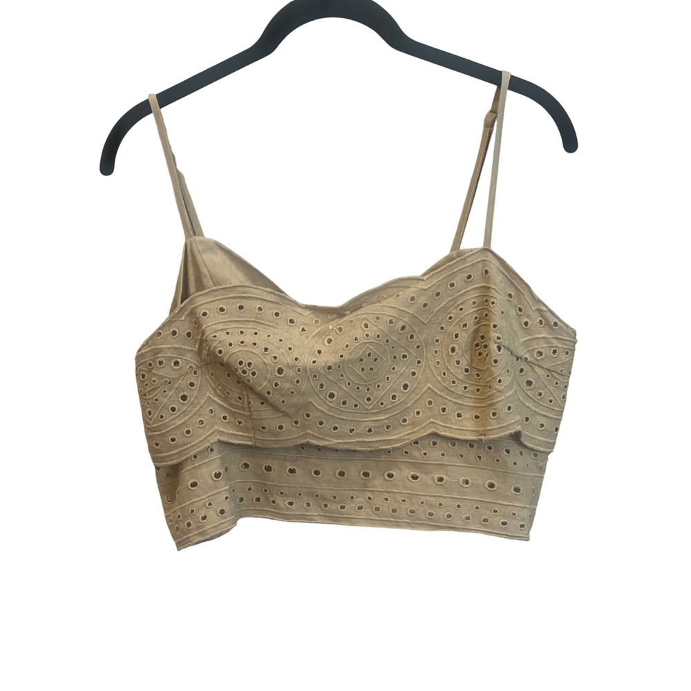 JASON WU Beige Eyelet Embroidered Cropped Bustier Top Smocked Back Zip Size 10